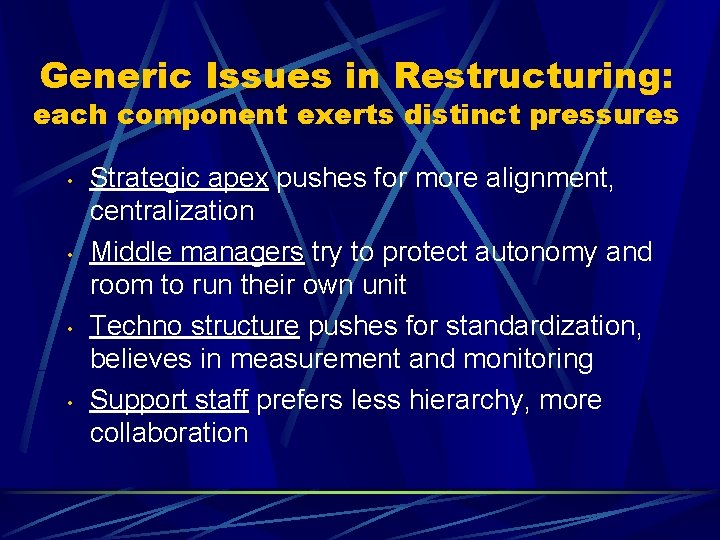 Generic Issues in Restructuring: each component exerts distinct pressures • • Strategic apex pushes