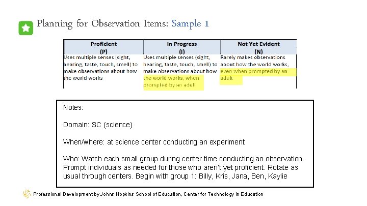 Planning for Observation Items: Sample 1 Notes: Domain: SC (science) When/where: at science center