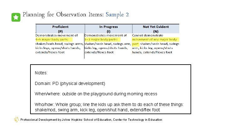 Planning for Observation Items: Sample 2 Notes: Domain: PD (physical development) When/where: outside on