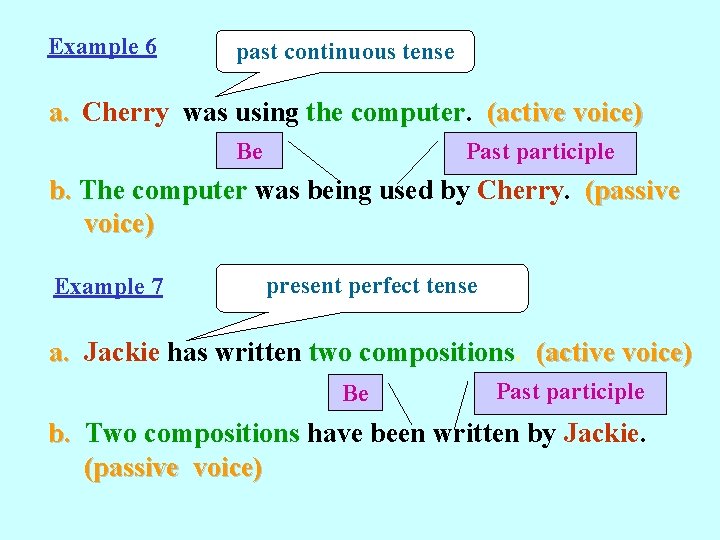 Example 6 past continuous tense a. Cherry was using the computer. (active voice) Be