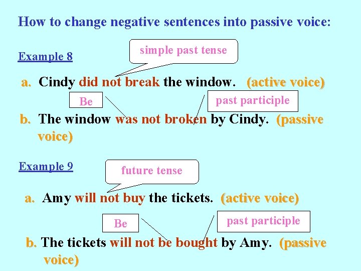 How to change negative sentences into passive voice: simple past tense Example 8 a.