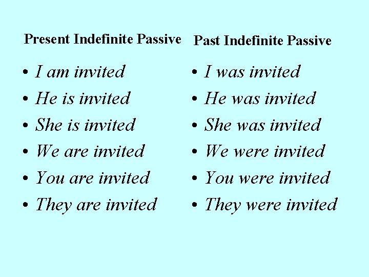 Present Indefinite Passive Past Indefinite Passive • • • I am invited He is