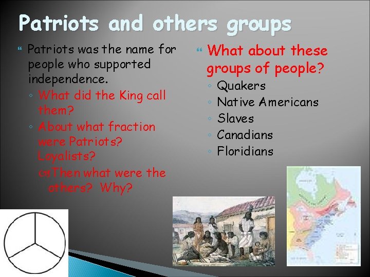 Patriots and others groups Patriots was the name for people who supported independence. ◦