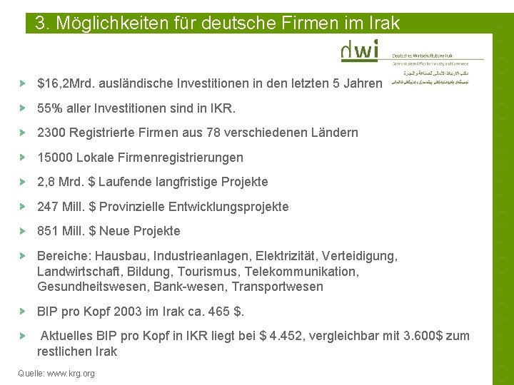 3. Möglichkeiten für deutsche Firmen im Irak $16, 2 Mrd. ausländische Investitionen in den