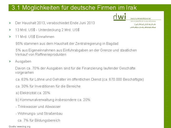 3. 1 Möglichkeiten für deutsche Firmen im Irak Der Haushalt 2013, verabschiedet Ende Juni