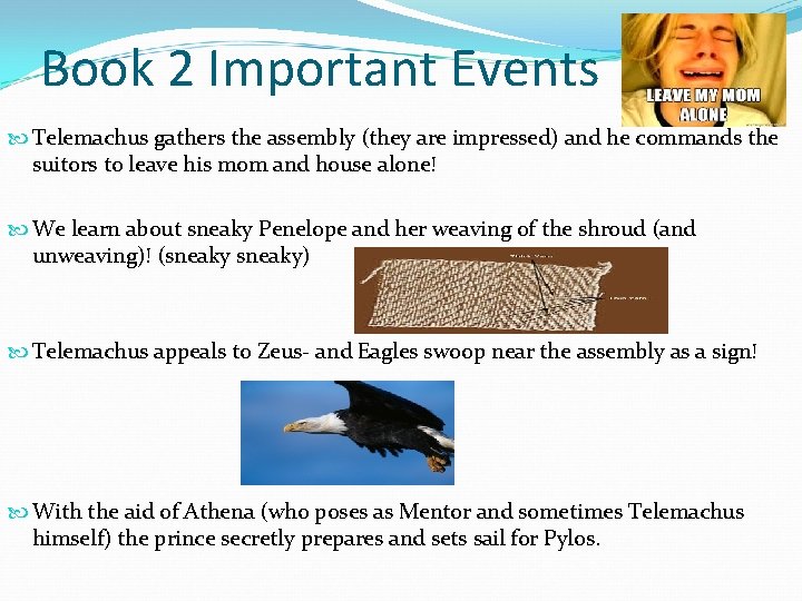 Book 2 Important Events Telemachus gathers the assembly (they are impressed) and he commands