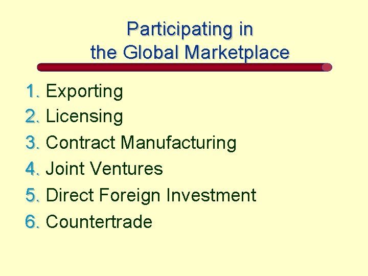 Participating in the Global Marketplace 1. Exporting 2. Licensing 3. Contract Manufacturing 4. Joint