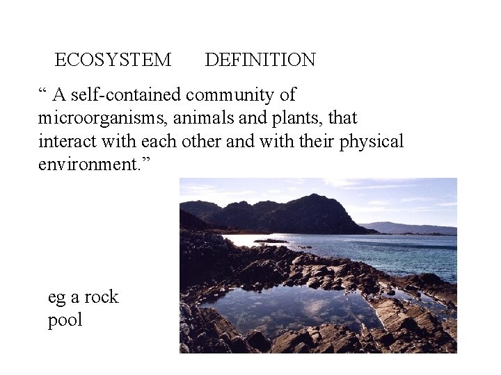 ECOSYSTEM DEFINITION “ A self-contained community of microorganisms, animals and plants, that interact with