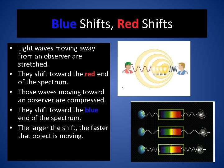 Blue Shifts, Red Shifts • Light waves moving away from an observer are stretched.