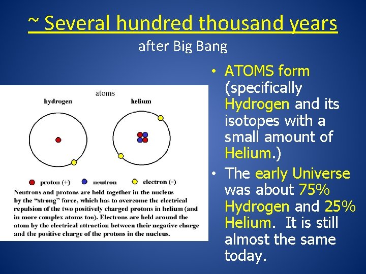~ Several hundred thousand years after Big Bang • ATOMS form (specifically Hydrogen and