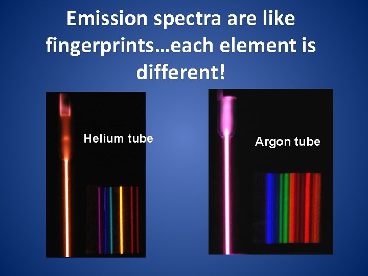 Emission spectra are like fingerprints…each element is different! Helium tube Argon tube 
