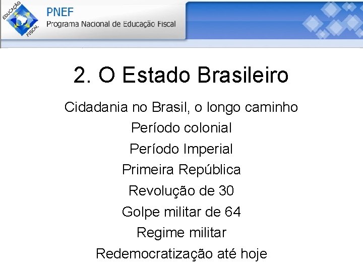 2. O Estado Brasileiro Cidadania no Brasil, o longo caminho Período colonial Período Imperial