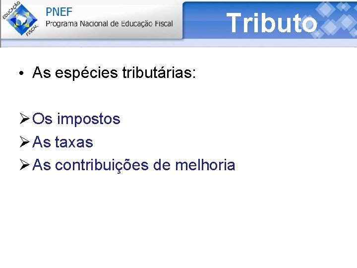 Tributo • As espécies tributárias: Os impostos As taxas As contribuições de melhoria 