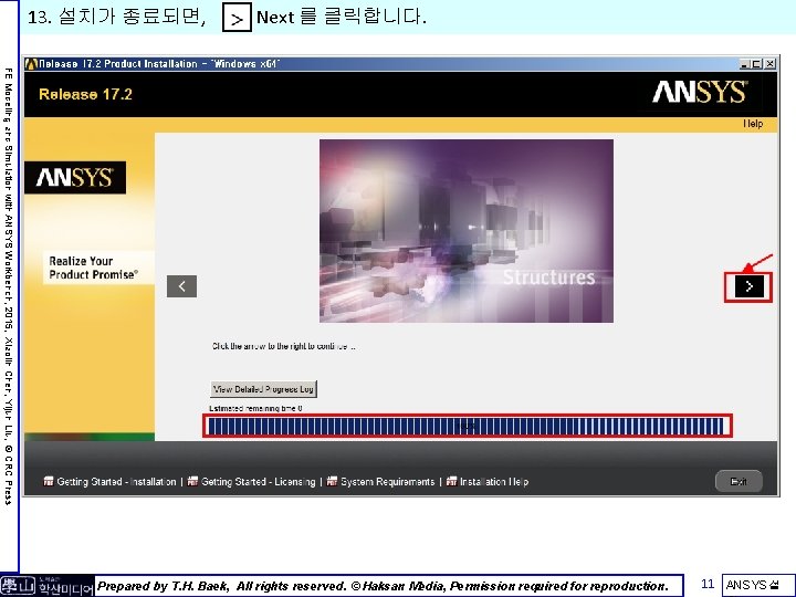 13. 설치가 종료되면, Next 를 클릭합니다. FE Modeling and Simulation with ANSYS Workbench, 2015,