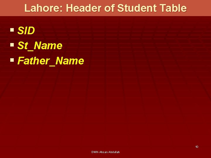 Lahore: Header of Student Table § SID § St_Name § Father_Name 10 DWH-Ahsan Abdullah