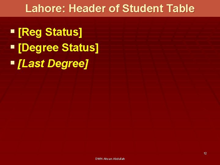 Lahore: Header of Student Table § [Reg Status] § [Degree Status] § [Last Degree]