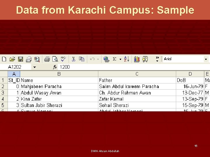 Data from Karachi Campus: Sample 16 DWH-Ahsan Abdullah 