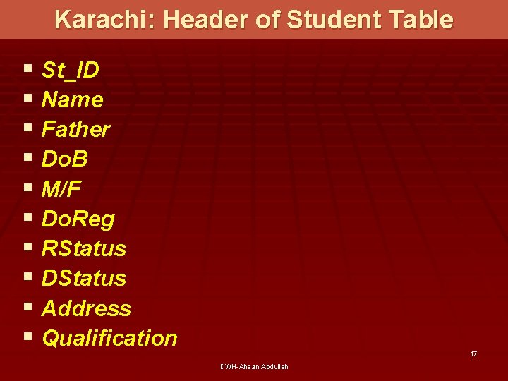 Karachi: Header of Student Table § St_ID § Name § Father § Do. B