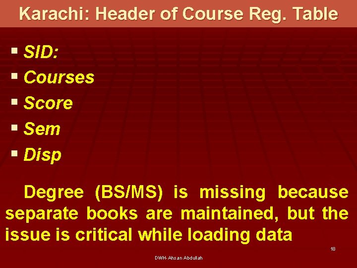 Karachi: Header of Course Reg. Table § SID: § Courses § Score § Sem