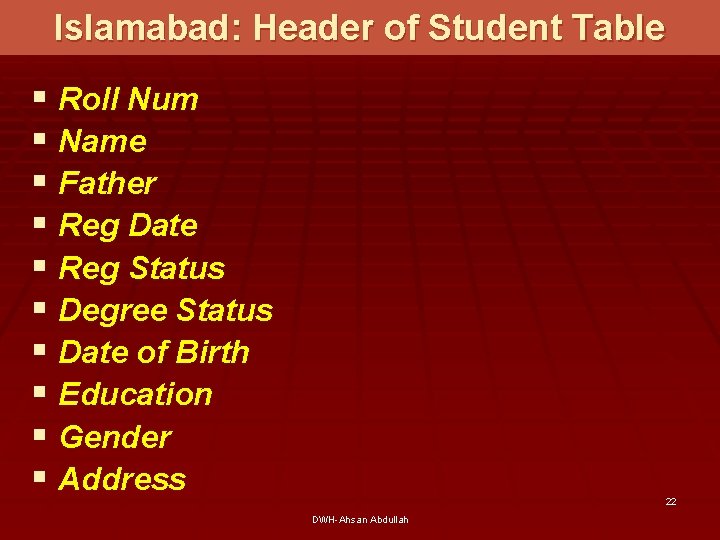 Islamabad: Header of Student Table § Roll Num § Name § Father § Reg