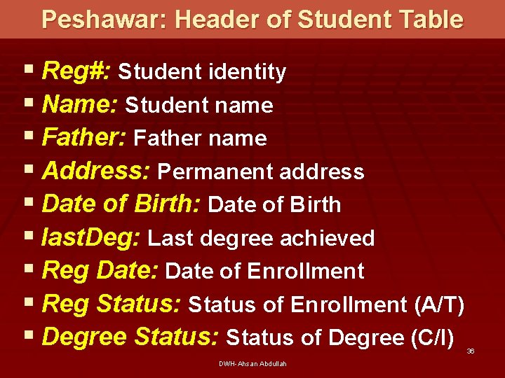 Peshawar: Header of Student Table § Reg#: Student identity § Name: Student name §