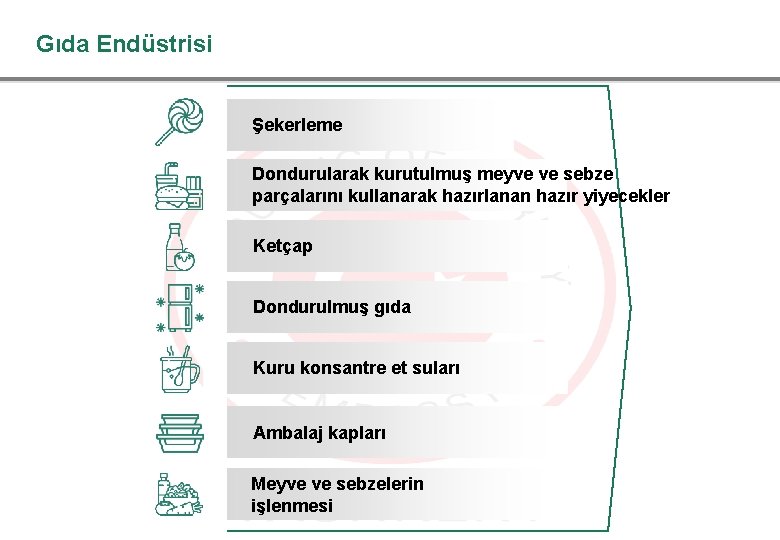 Gıda Endüstrisi Şekerleme Dondurularak kurutulmuş meyve ve sebze parçalarını kullanarak hazırlanan hazır yiyecekler Ketçap