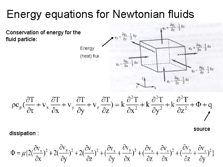 Energy equations for Newtonian fluids Conservation of energy for the fluid particle: Energy (heat)