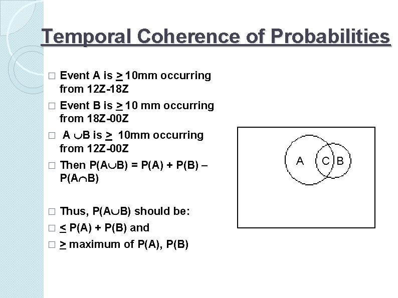 Temporal Coherence of Probabilities � Event A is > 10 mm occurring from 12