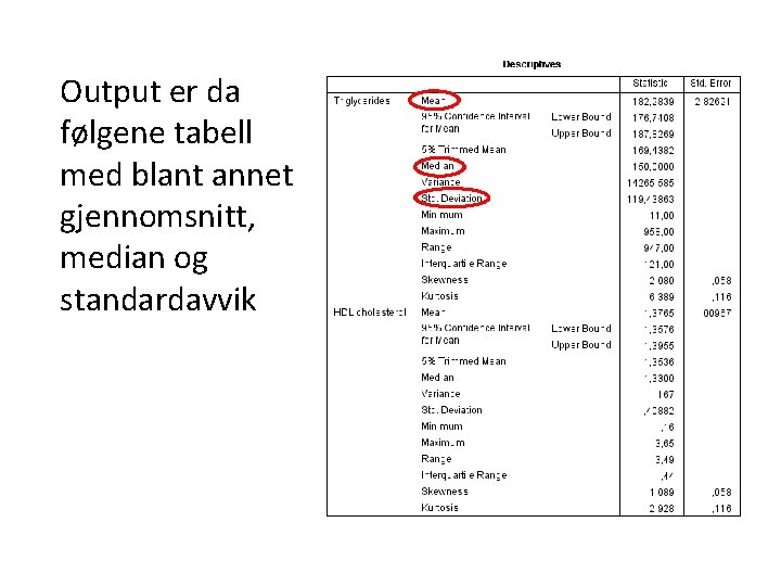 Output er da følgene tabell med blant annet gjennomsnitt, median og standardavvik 