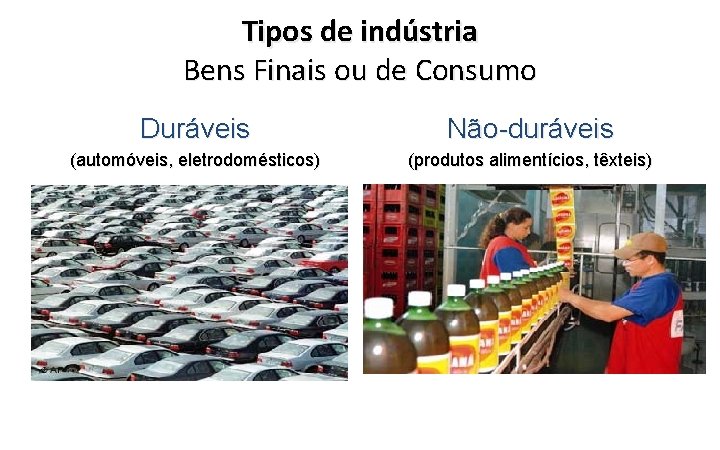 Tipos de indústria Bens Finais ou de Consumo Duráveis Não-duráveis (automóveis, eletrodomésticos) (produtos alimentícios,