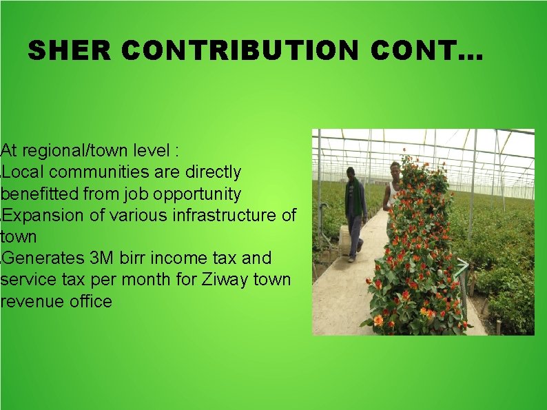 SHER CONTRIBUTION CONT. . . At regional/town level : Local communities are directly benefitted