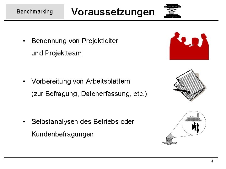 Benchmarking Voraussetzungen • Benennung von Projektleiter und Projektteam • Vorbereitung von Arbeitsblättern (zur Befragung,