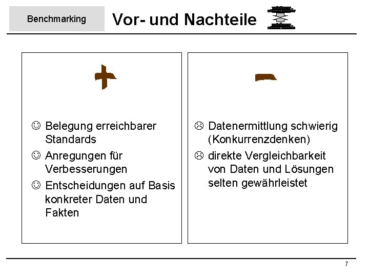 Benchmarking Vor- und Nachteile J Belegung erreichbarer Standards J Anregungen für Verbesserungen J Entscheidungen