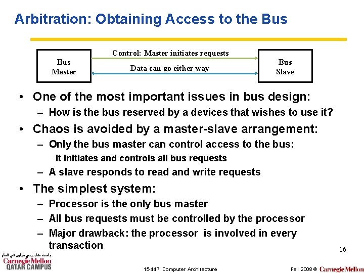 Arbitration: Obtaining Access to the Bus Control: Master initiates requests Bus Master Data can