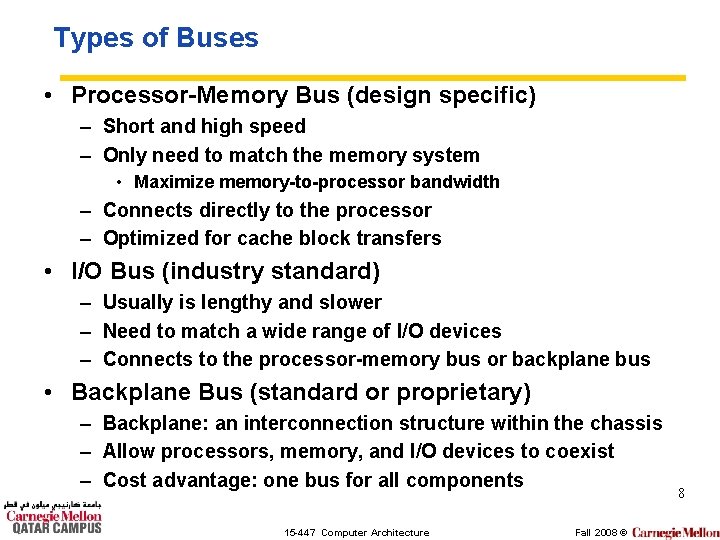 Types of Buses • Processor-Memory Bus (design specific) – Short and high speed –
