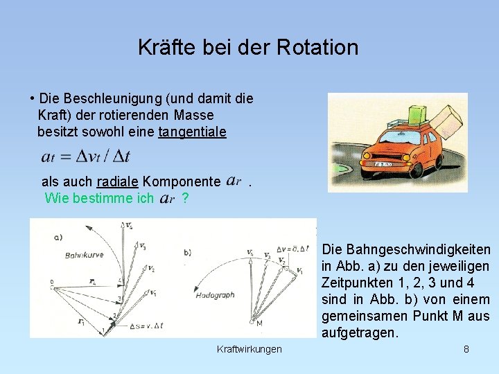 Kräfte bei der Rotation • Die Beschleunigung (und damit die Kraft) der rotierenden Masse