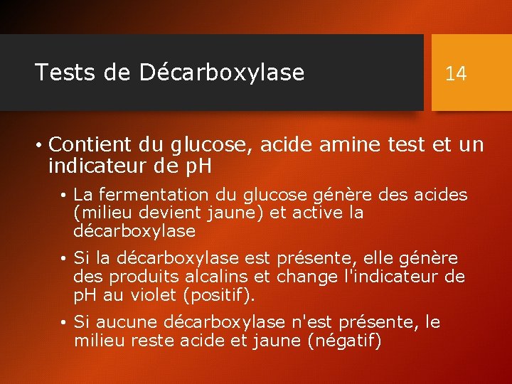 Tests de Décarboxylase 14 • Contient du glucose, acide amine test et un indicateur