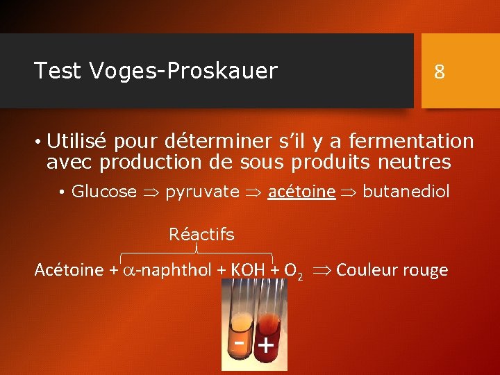 Test Voges-Proskauer 8 • Utilisé pour déterminer s’il y a fermentation avec production de