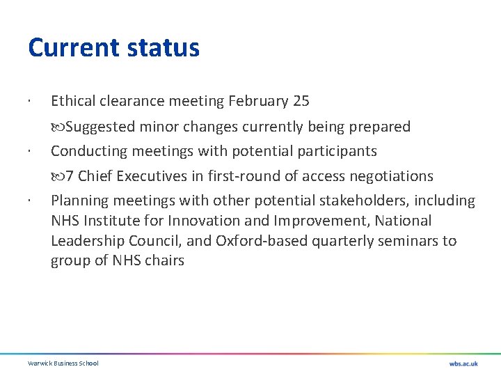 Current status Ethical clearance meeting February 25 Suggested minor changes currently being prepared Conducting