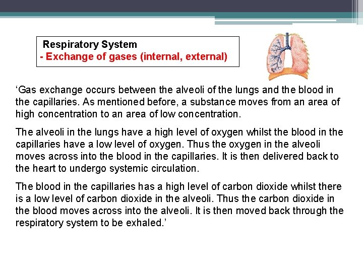 Respiratory System - Exchange of gases (internal, external) ‘Gas exchange occurs between the alveoli