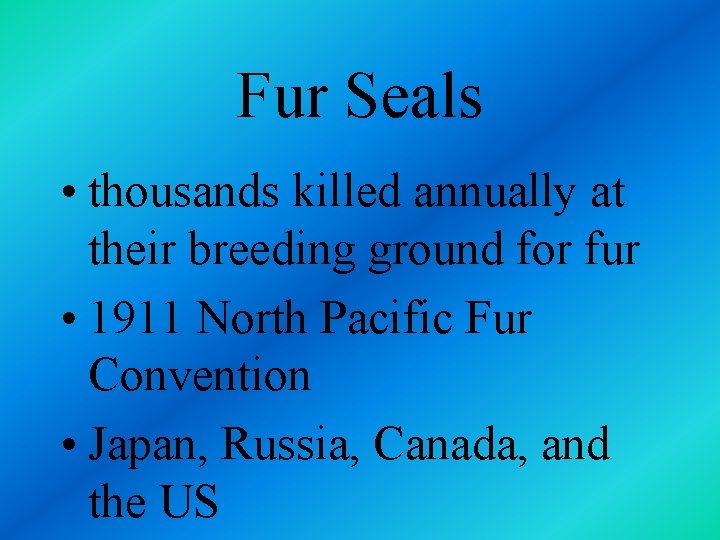 Fur Seals • thousands killed annually at their breeding ground for fur • 1911