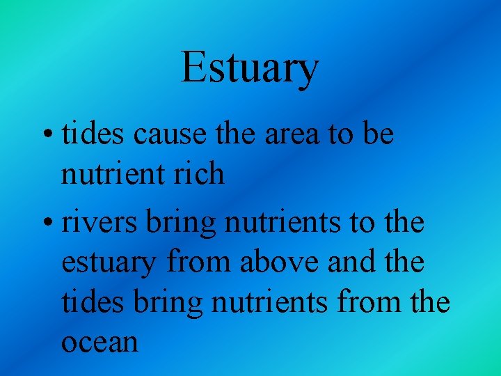 Estuary • tides cause the area to be nutrient rich • rivers bring nutrients