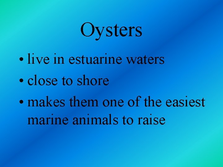 Oysters • live in estuarine waters • close to shore • makes them one