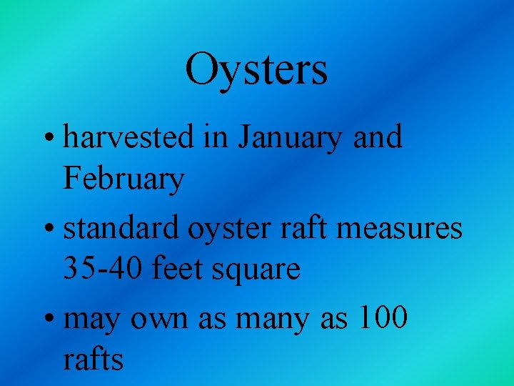 Oysters • harvested in January and February • standard oyster raft measures 35 -40