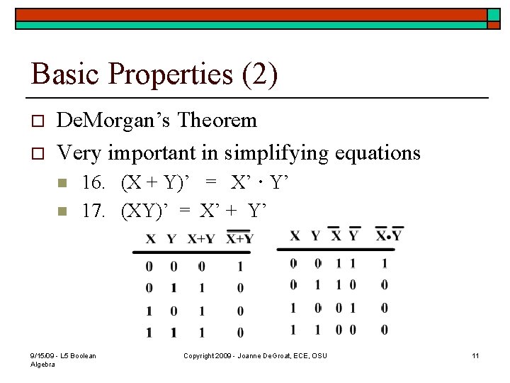 Basic Properties (2) o o De. Morgan’s Theorem Very important in simplifying equations n Basic Properties (2) o o De. Morgan’s Theorem Very important in simplifying equations n