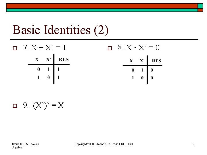 Basic Identities (2) o 7. X + X’ = 1 o 9. (X’)’ = Basic Identities (2) o 7. X + X’ = 1 o 9. (X’)’ =