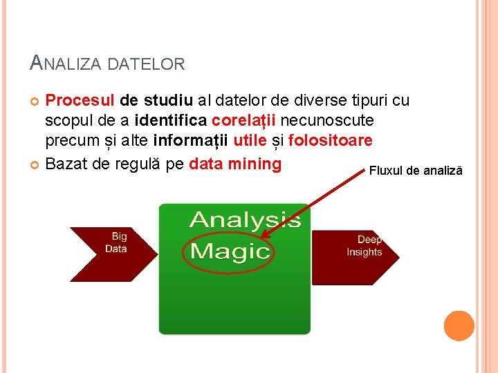 ANALIZA DATELOR Procesul de studiu al datelor de diverse tipuri cu scopul de a