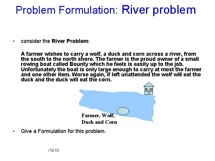Problem Formulation: River problem • consider the River Problem: A farmer wishes to carry