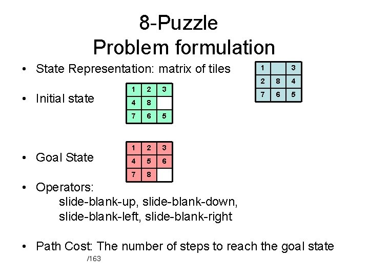 8 -Puzzle Problem formulation • State Representation: matrix of tiles • Initial state •