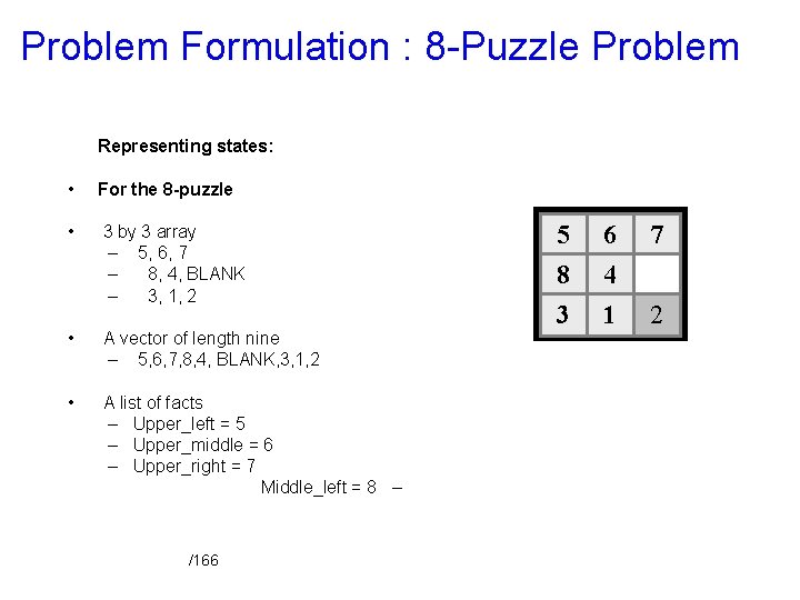 Problem Formulation : 8 -Puzzle Problem Representing states: • For the 8 -puzzle •